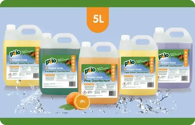 5 x 5L bottles of cleaning solutions: lemon, eucalyptus, pine, super-action, and lavender scented.
