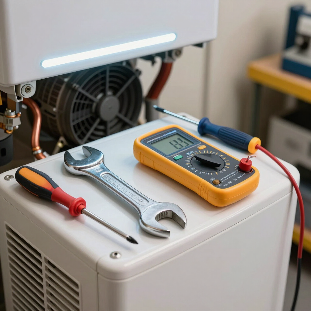A professional technician performing a fall heating tune-up on a residential HVAC system.