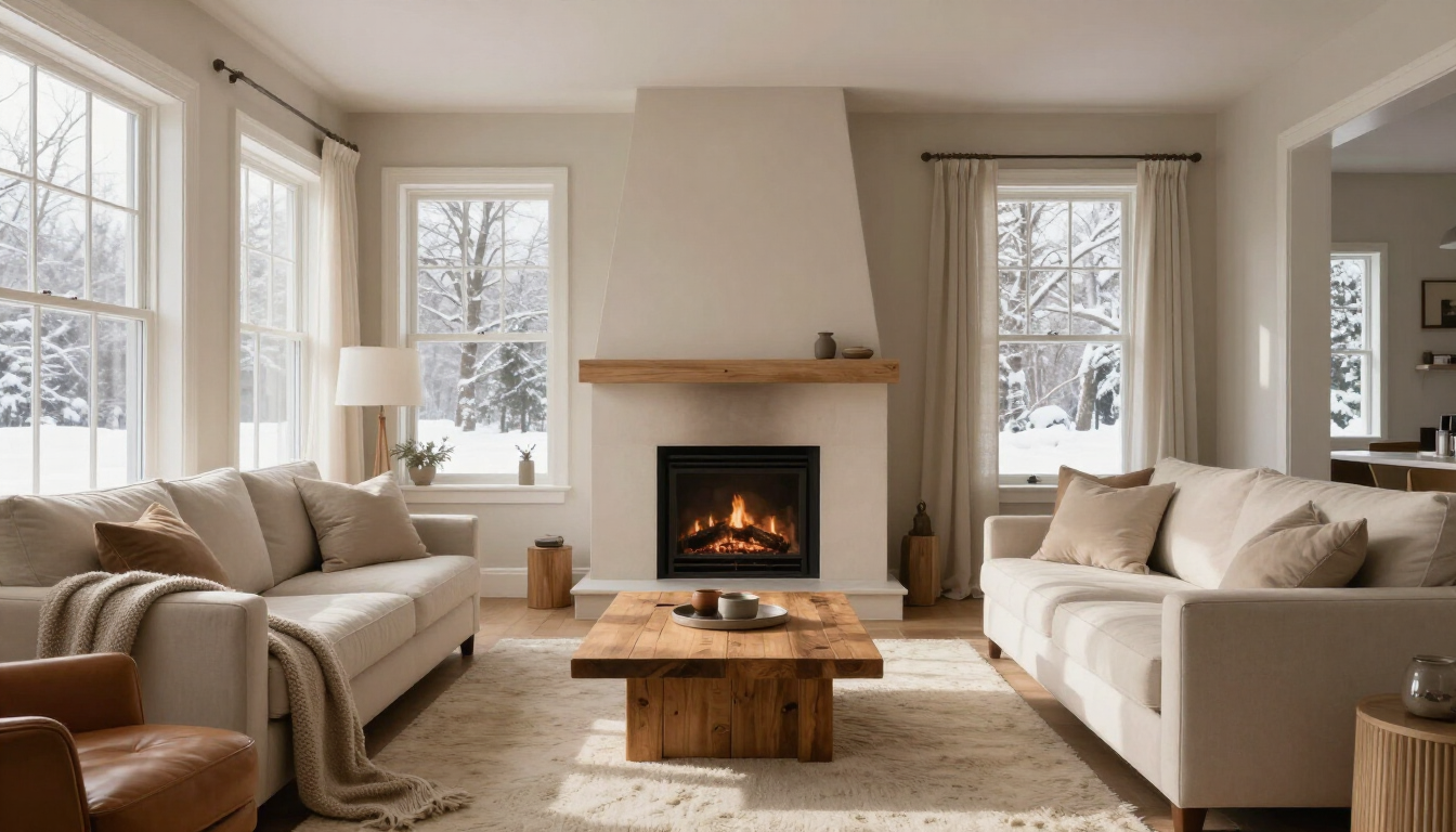 A cozy winter home interior representing comfort and moisture control.