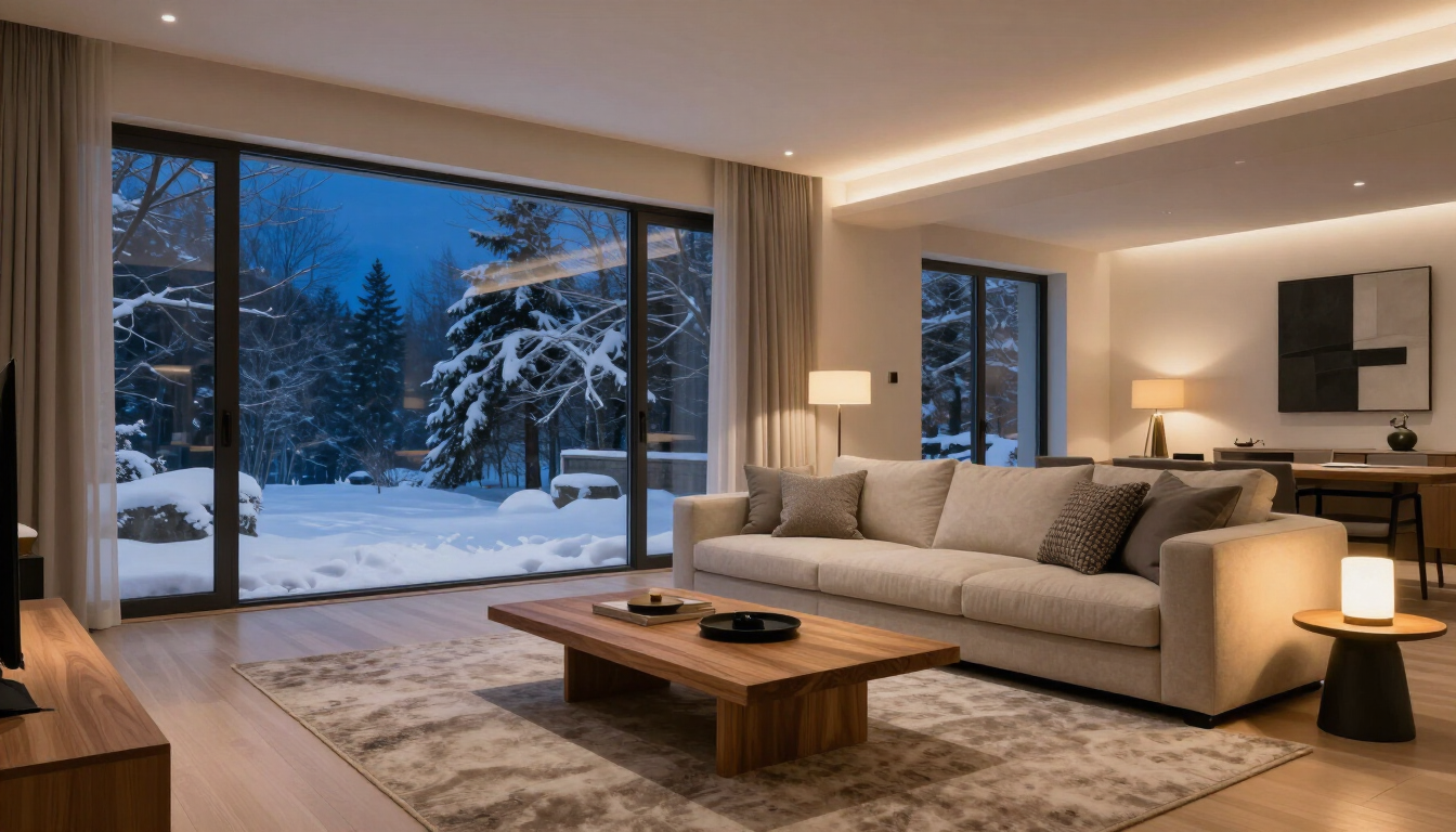 A modern home interior at night during a snowstorm.