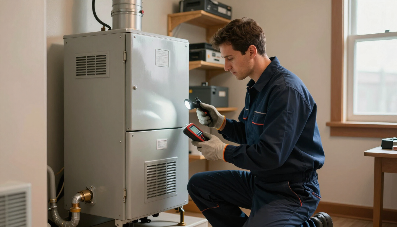 Technician performing a fall furnace tune-up
