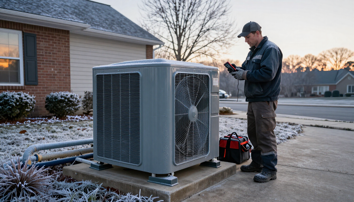 Heat pump outdoor unit during a Middle Tennessee cold snap