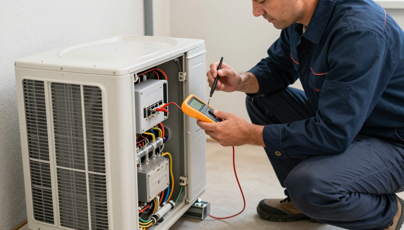 HVAC technician inspecting a heat pump system