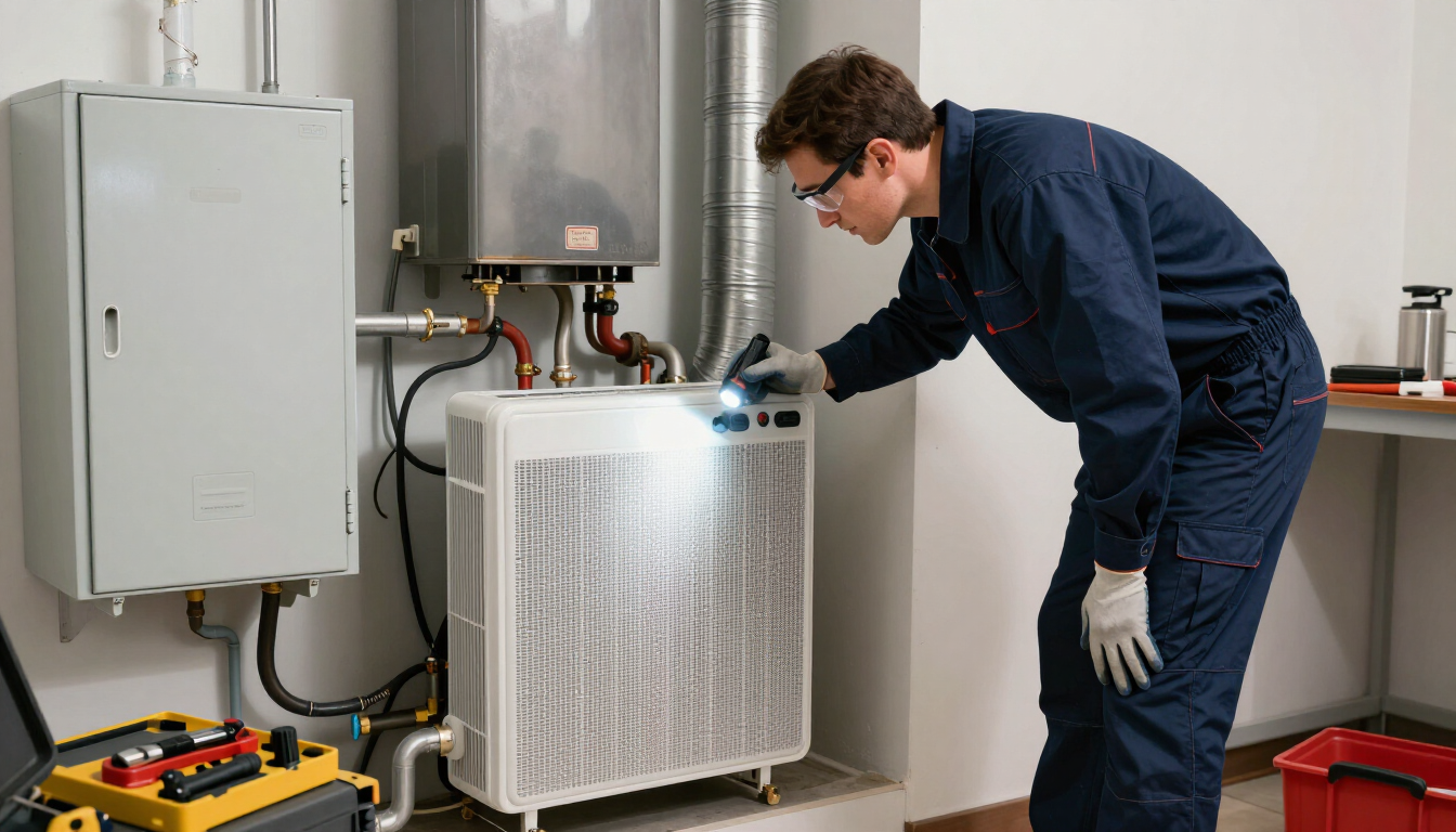 Technician inspecting a whole-home humidifier beside a furnace