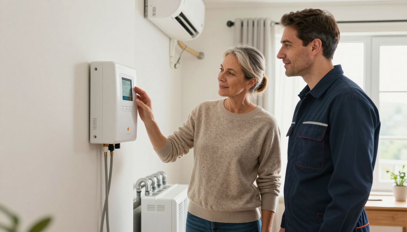 Homeowner reviewing HVAC comfort equipment with a technician