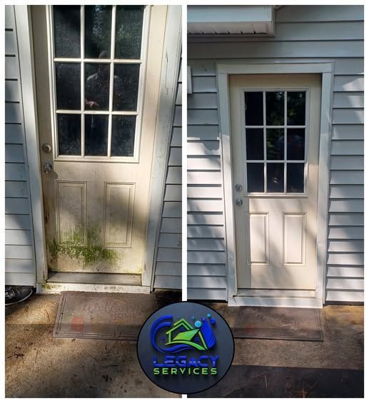 A picture of a door before and after being cleaned by legacy services