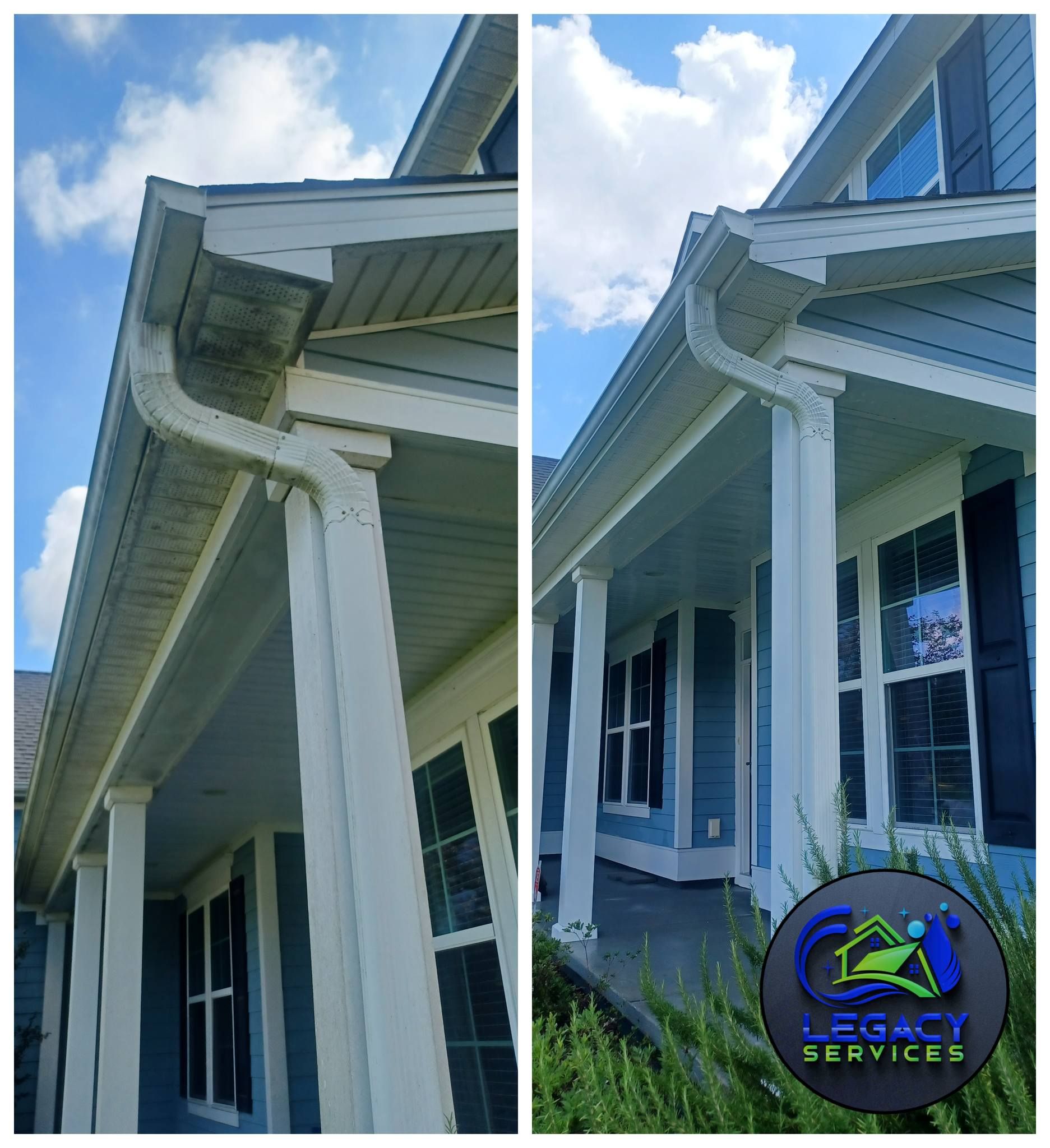 A before and after picture of a house with a gutter and porch.