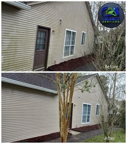A before and after picture of a house with a tree in front of it.