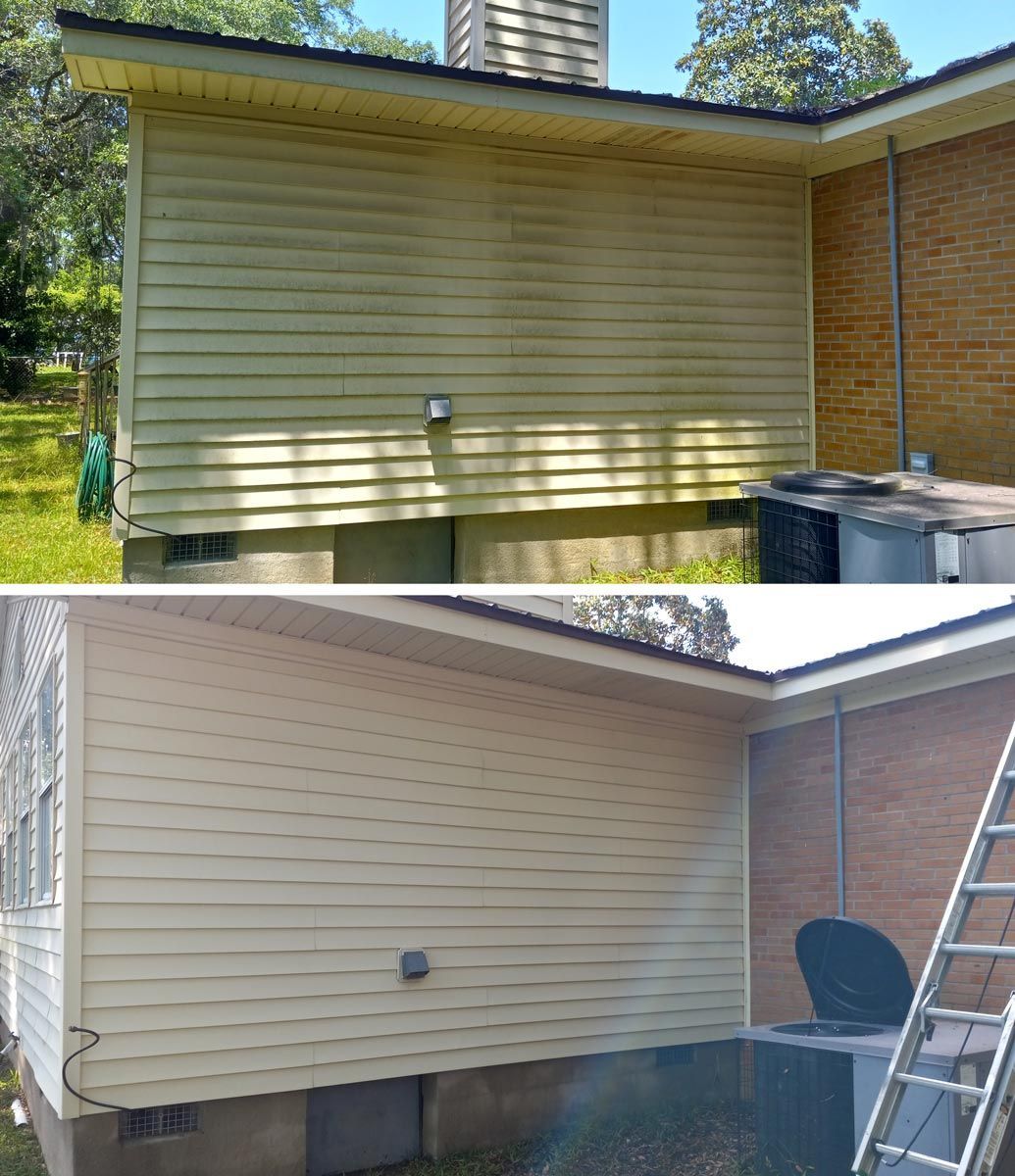 A before and after picture of a house with siding and a ladder.