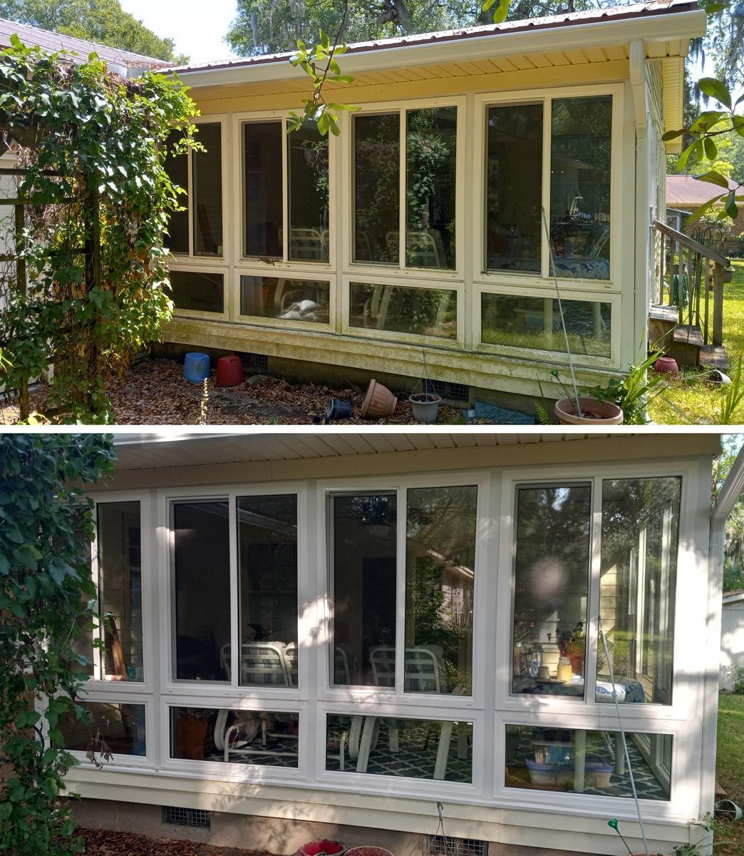 A before and after picture of a house with a screened in porch.
