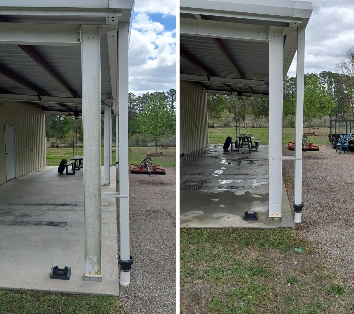 A before and after picture of a covered area with a picnic table underneath it.