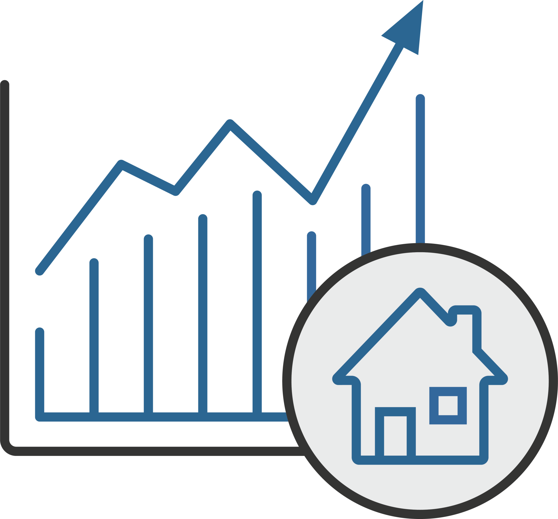 icon of a graph with an arrow going up and a small circle in the front with a house inside