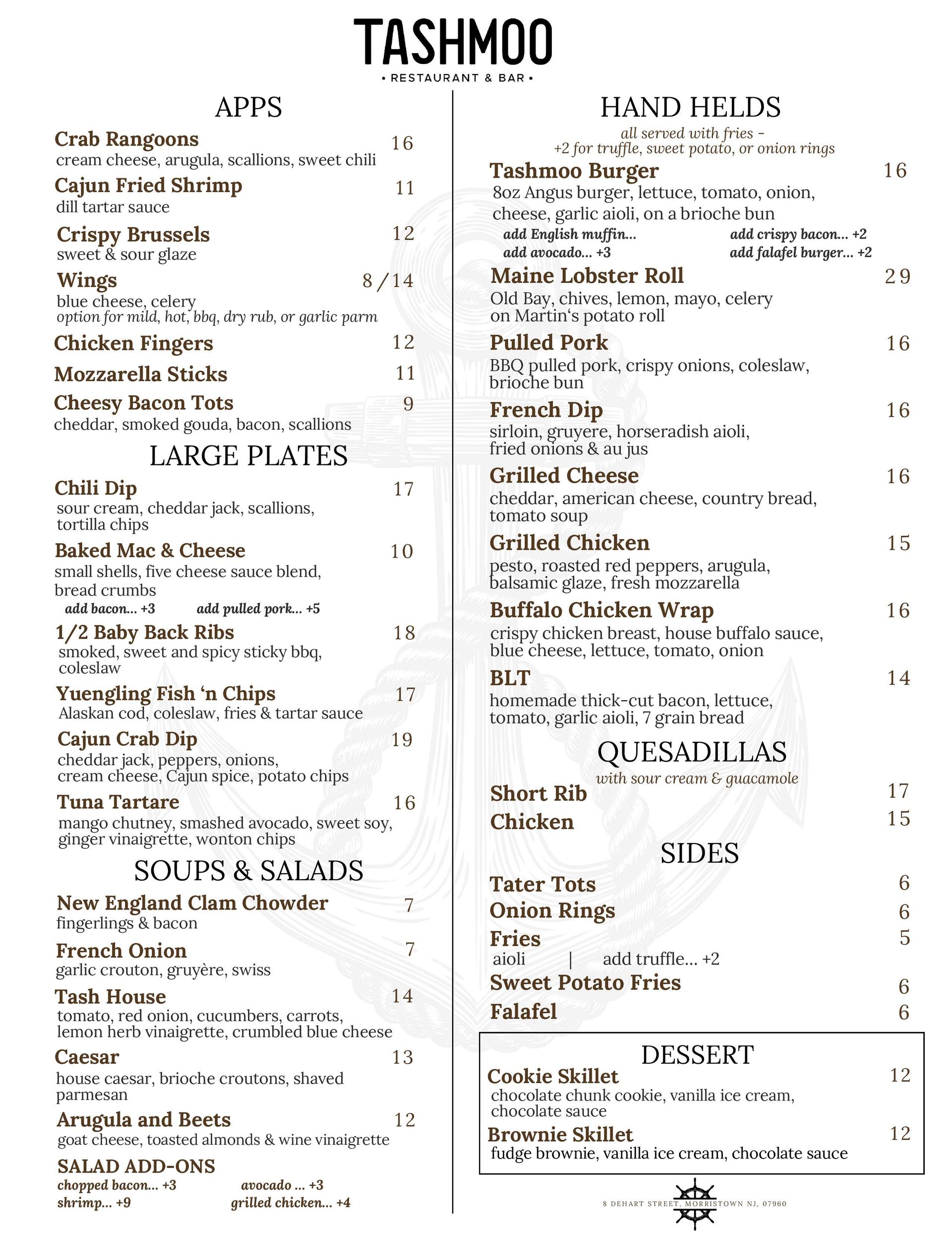 Tashmoo Morristown Food Menu