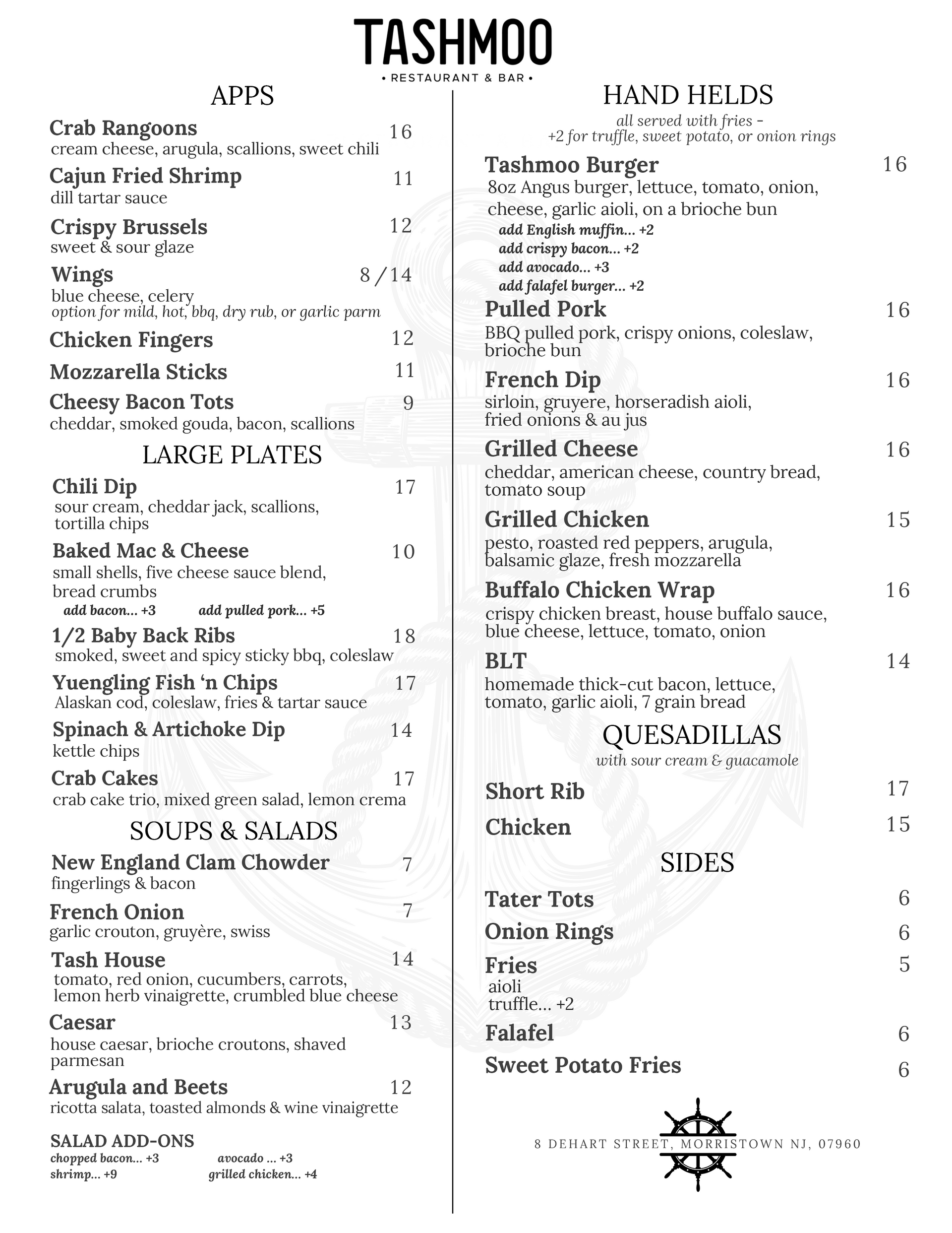 Tashmoo Morristown Food Menu