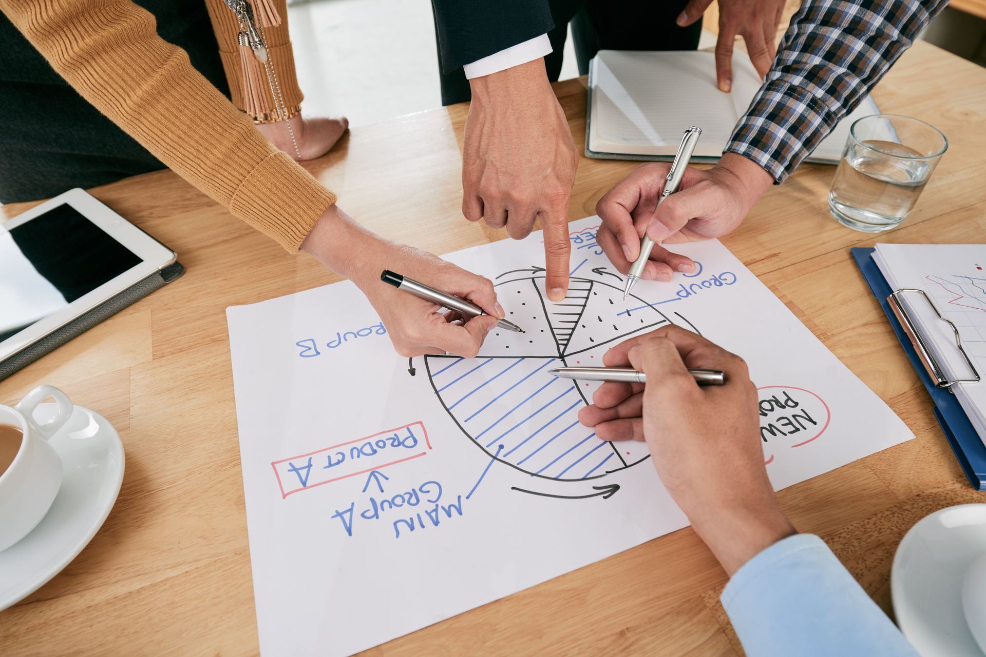 A group of people are sitting around a table looking at a pie chart.