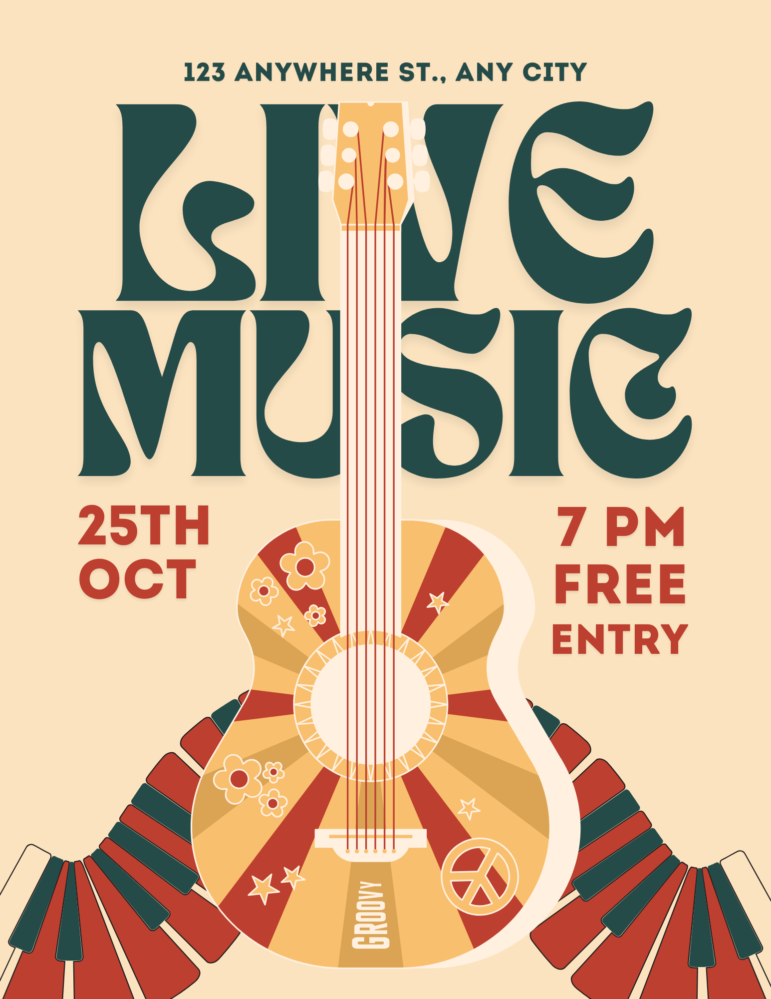 Poster for live music event on beige background with guitar, text 