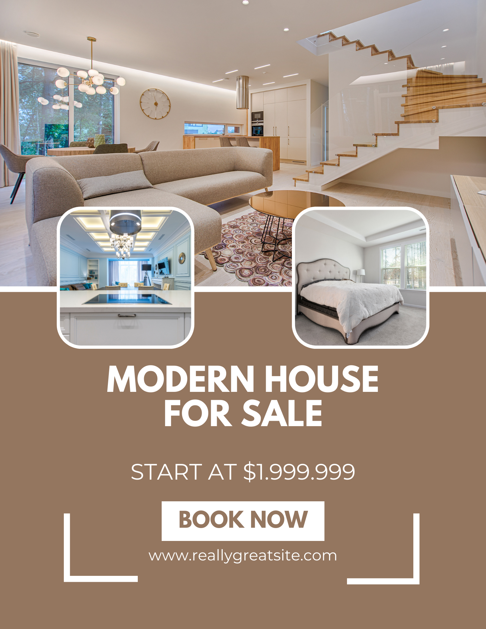 Modern house for sale ad with interior shots of living room, kitchen, and bedroom. Brown and white color scheme.
