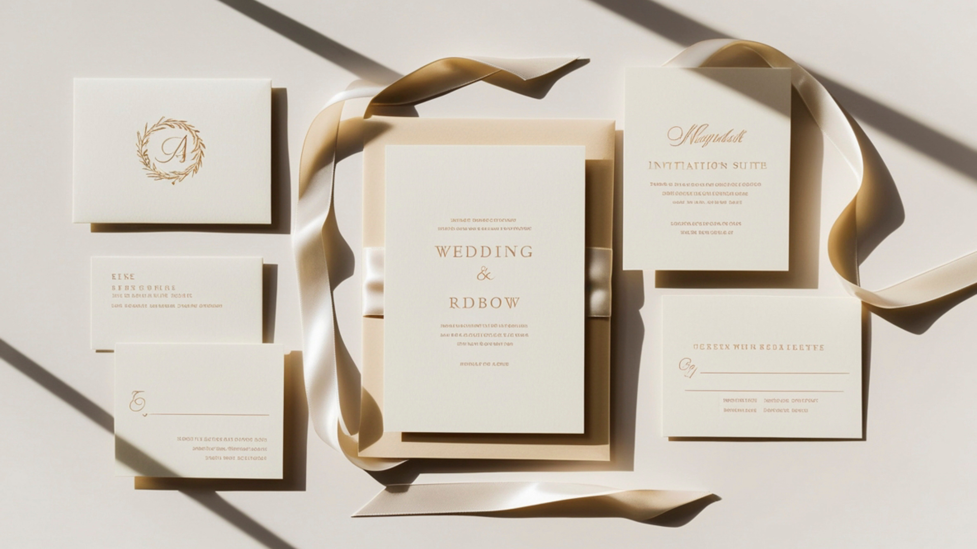Wedding invitation suite with ivory and gold stationery, silk ribbon, and lion emblem.