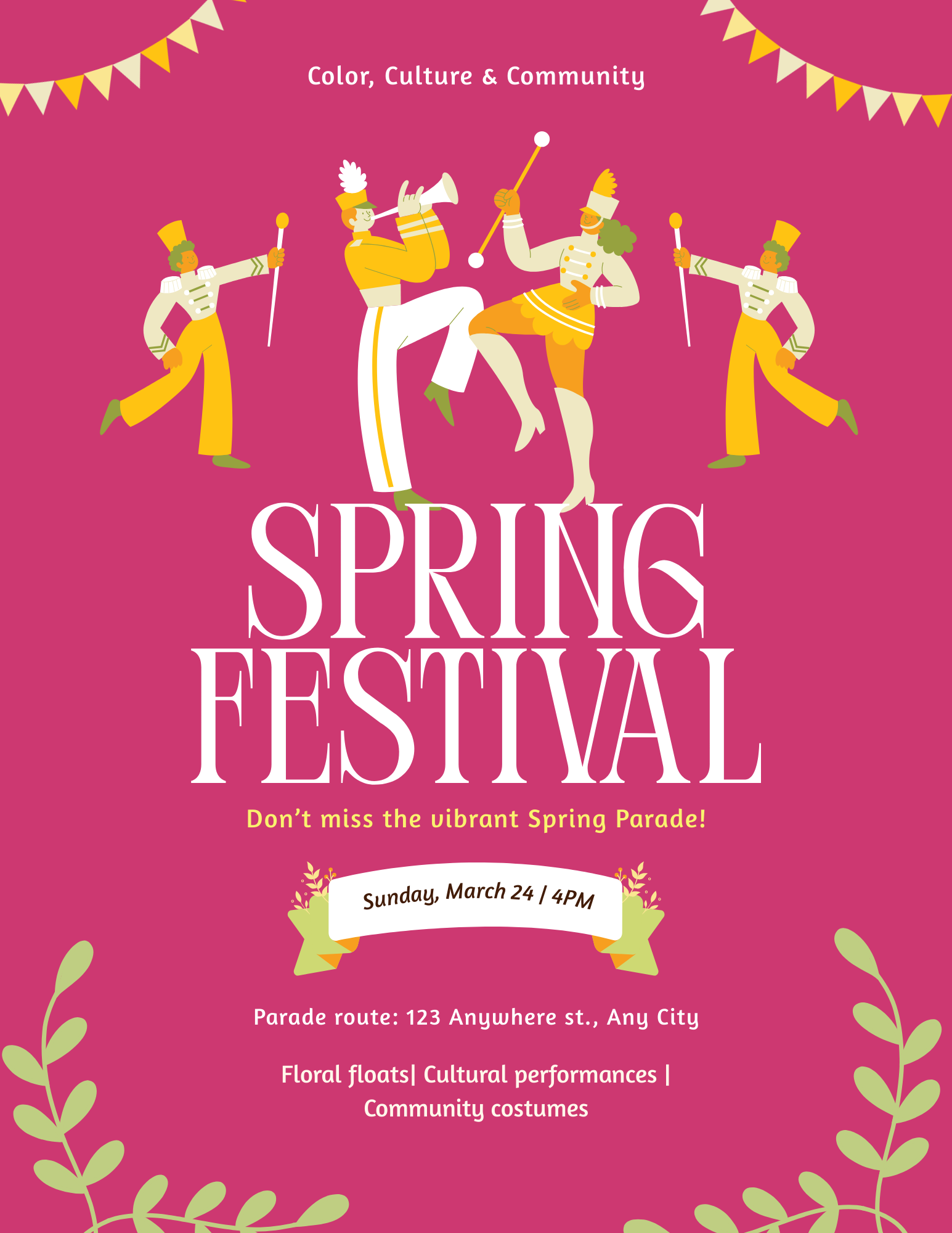 Pink poster: Spring Festival with marching band illustration and event details.