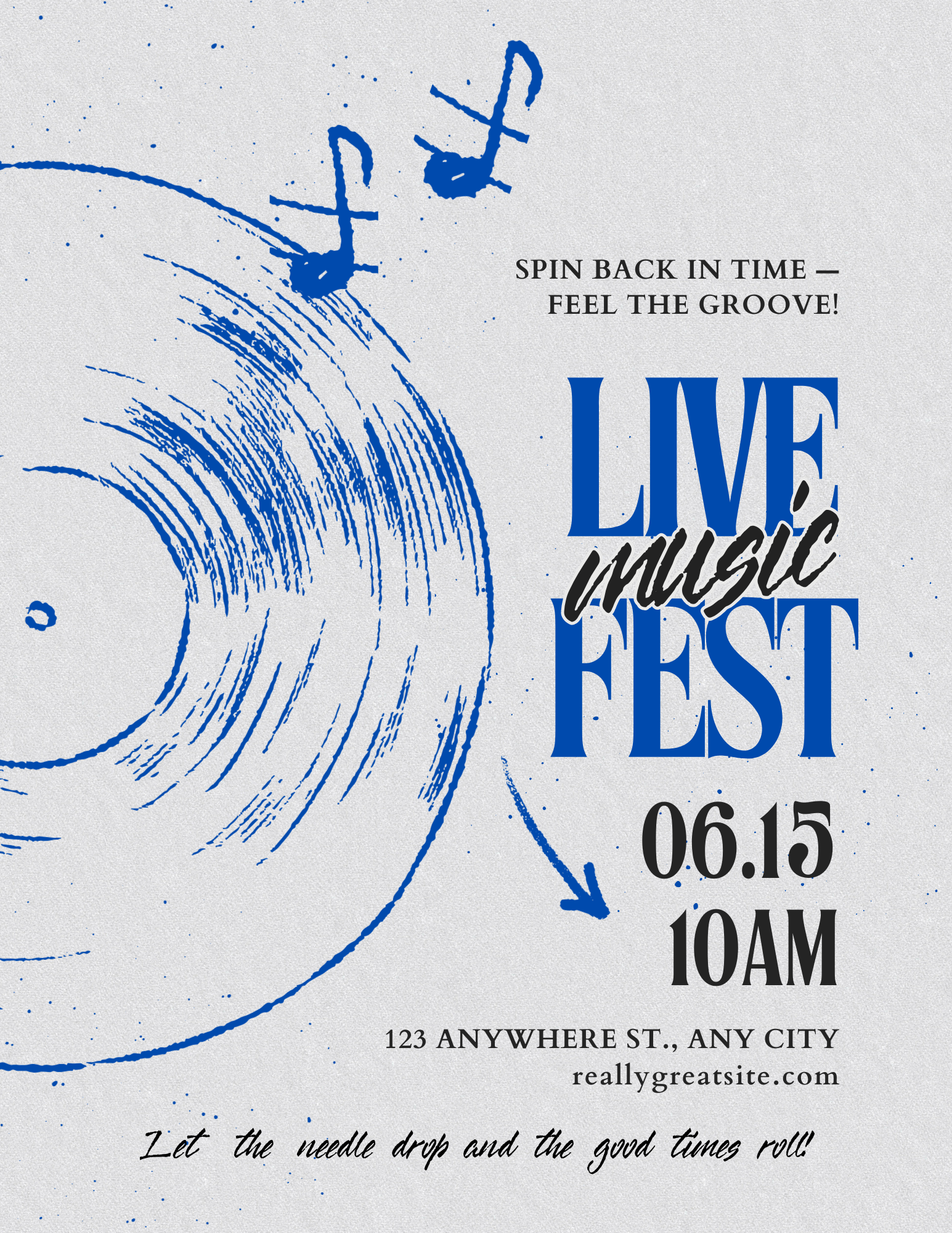 Blue and white poster for a Live Music Fest, featuring a vinyl record and musical notes. Event date 06.15, 10 AM.