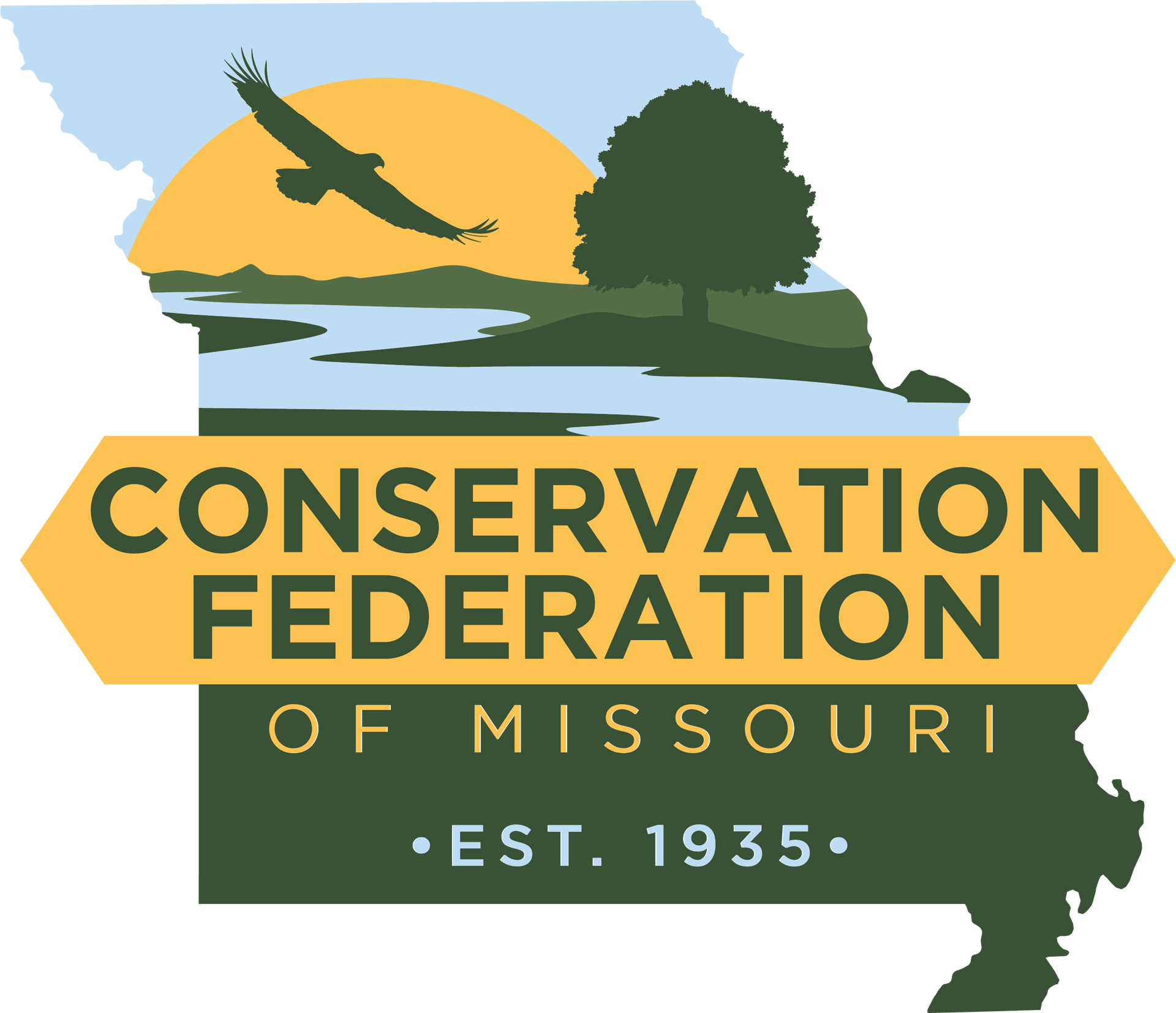 Conservation Federation of Missouri logo: Missouri shape with landscape and bird silhouette, and text