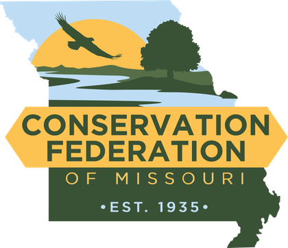Conservation Federation of Missouri logo: Missouri map with eagle, sun, river, tree; text