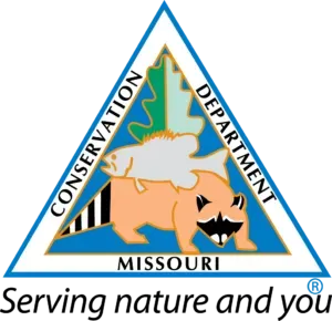 Missouri Conservation Department logo: A raccoon with a fish and oak leaf, enclosed in a blue triangle; text “Serving nature and you”.