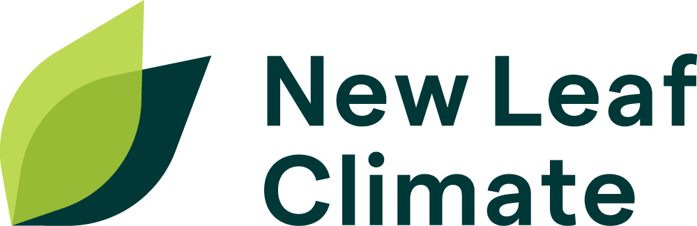 Logo of New Leaf Climate: green and dark green leaf graphic next to the words