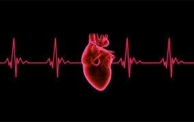 Glowing red heart centered on black background with pink ECG heartbeat line running across it