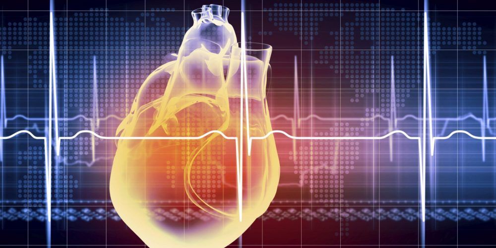 Glowing anatomical heart over ECG waveform on a blue digital medical background