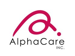 AlphaCare Inc. logo with magenta abstract swoosh and gray text on white background