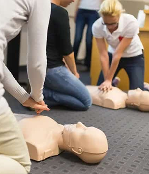 People practicing CPR on training mannequins in a classroom.