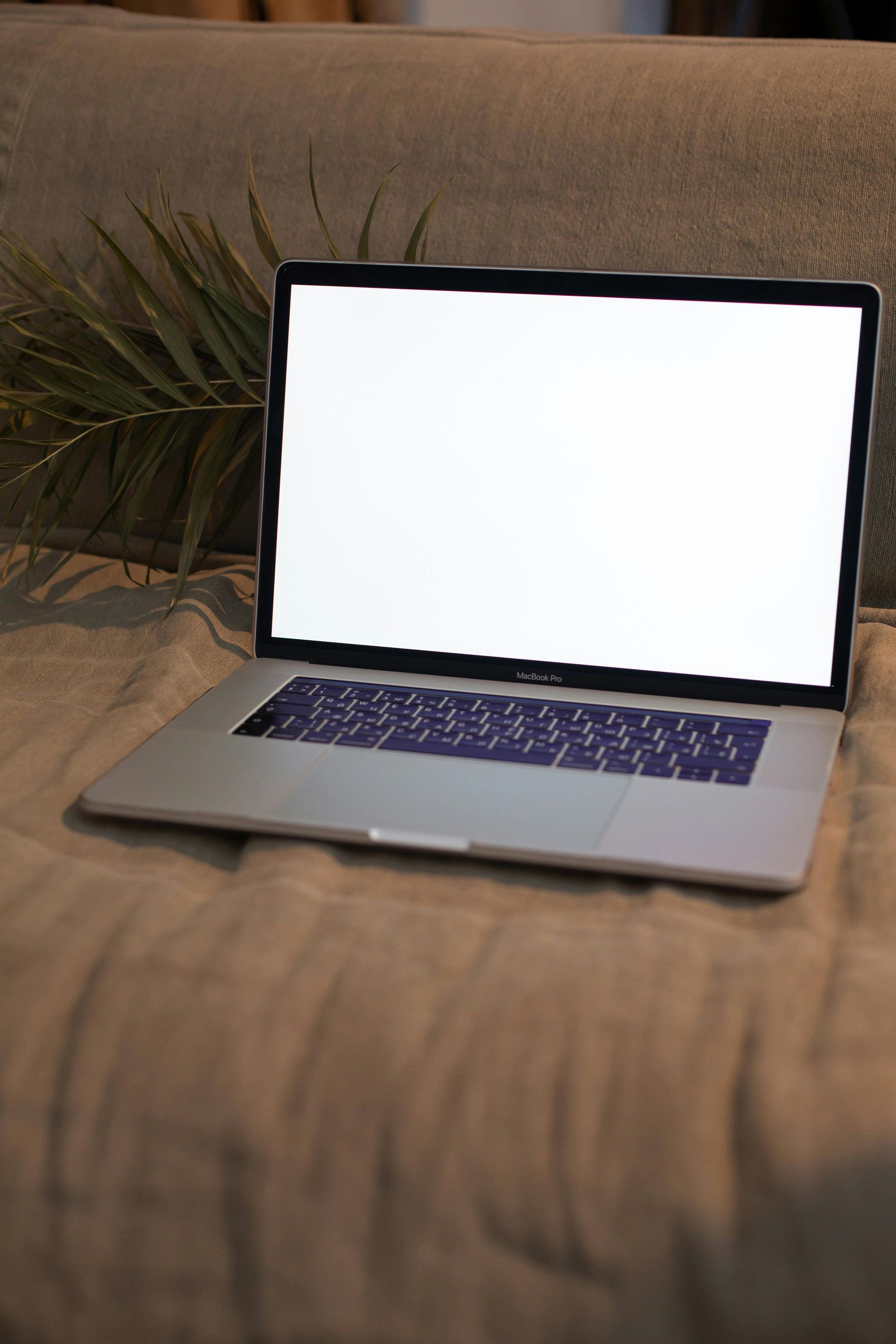Open laptop on a beige couch with a bright blank screen and a plant behind it