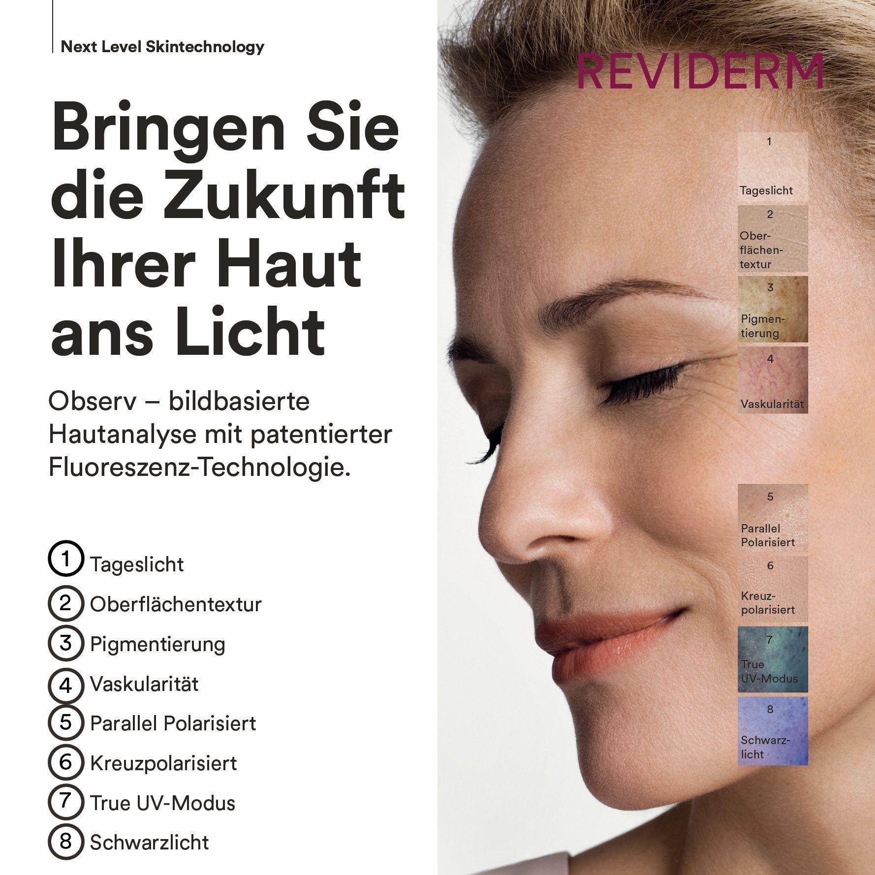 A woman 's face is on a poster that says bringen sie die zukunft ihrer haut ans licht