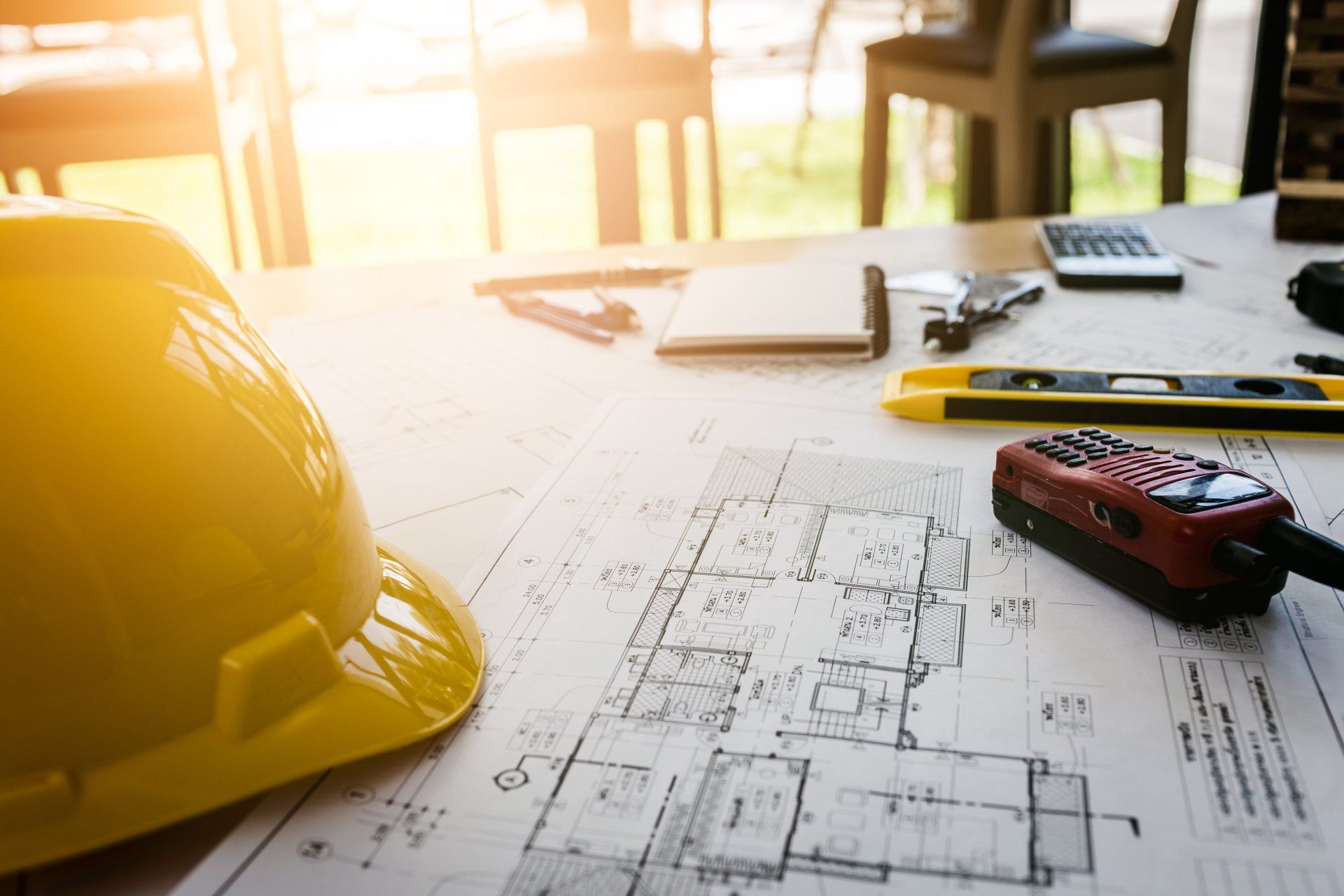 A hard hat is sitting on top of a blueprint on a table.