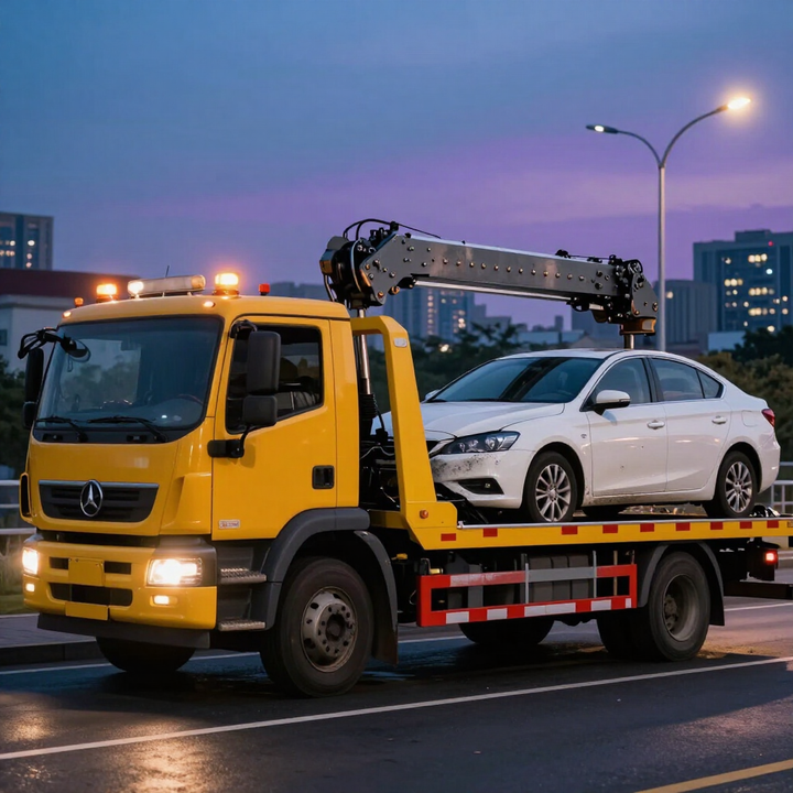 Yellow tow truck transporting a white sedan at dusk