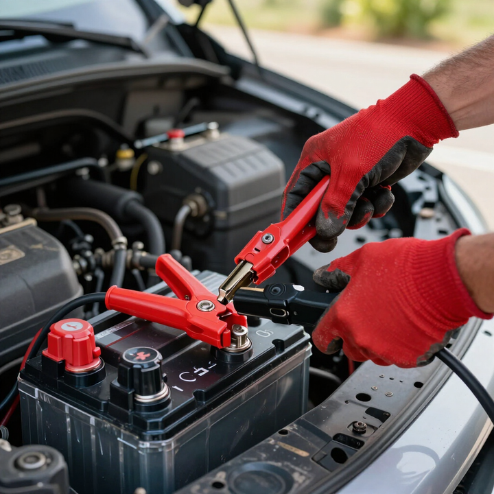 Roadside assistance technician jump-starting a car battery with jumper cables