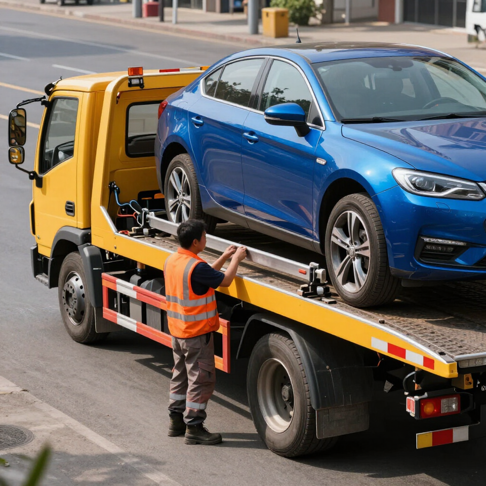 Blue sedan secured on a yellow flatbed tow truck