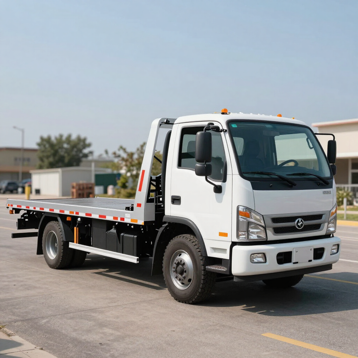 White flatbed tow truck ready for roadside towing service