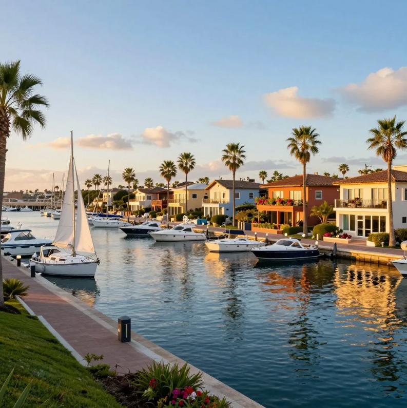 Waterfront homes with palm trees and private docks overlooking a calm canal with moored boats.
