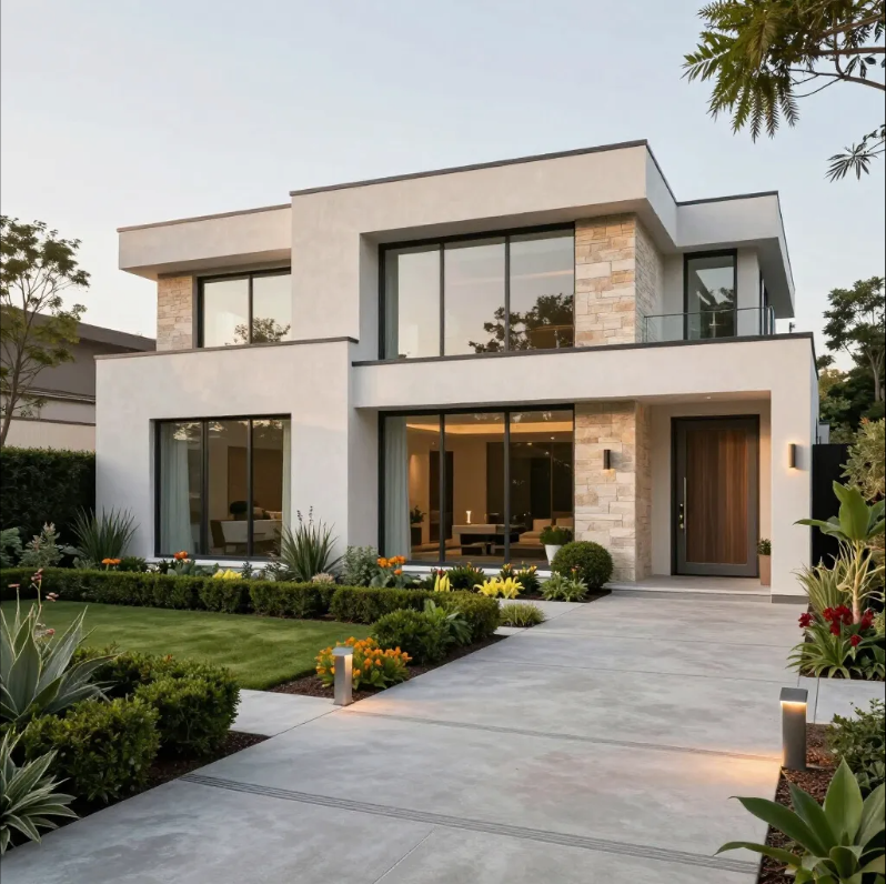 Modern two-story house with a landscaped front yard and wide driveway at dusk