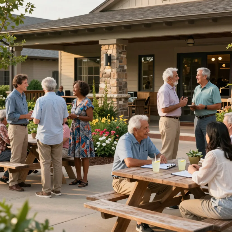 Neighbors chatting and sitting at picnic tables outside a house with a flower garden