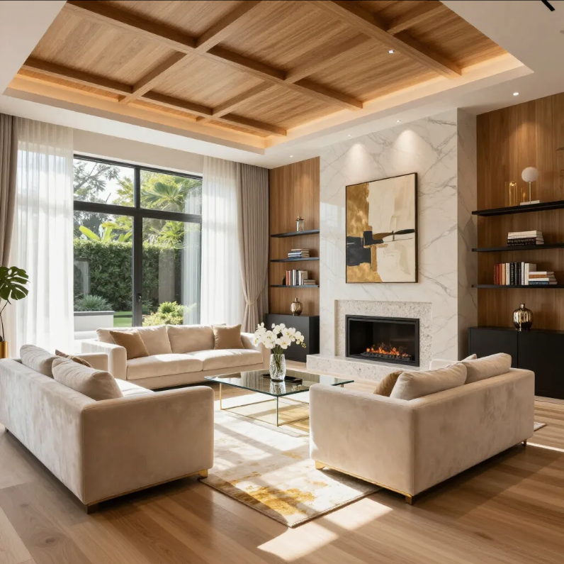 Bright modern living room with beige sofas, marble fireplace, wood ceiling, and large windows overlooking greenery