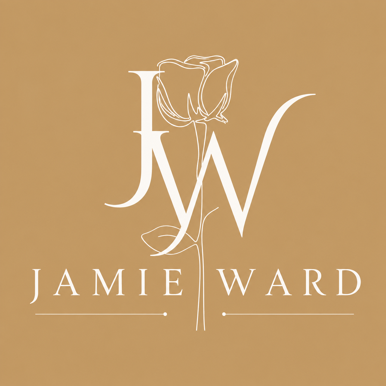 White “JW” monogram with a rose above the name “JAMIE WARD” on a tan background.