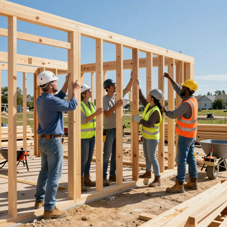 Construction crew framing a wooden house, wearing hard hats and safety vests on a sunny site.