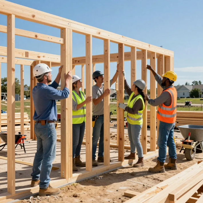 Construction crew framing a house, wearing hard hats and safety vests at a building site.