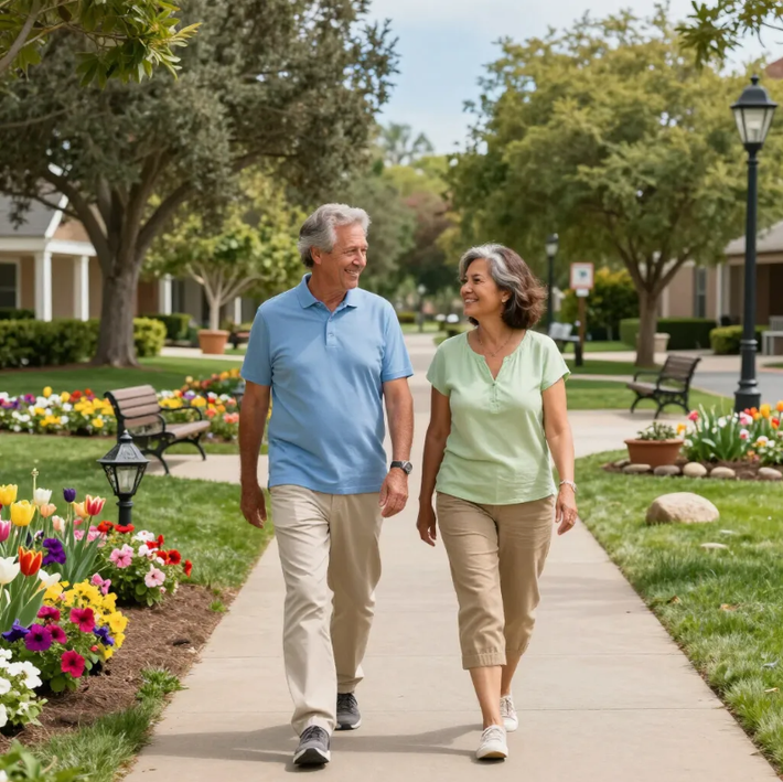 Two people walking hand in hand on a flower-lined park path