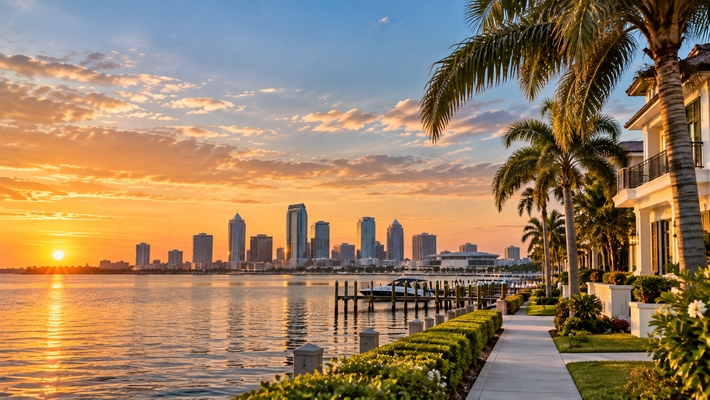 Sunset skyline over calm bay with palm-lined waterfront walkway and dock