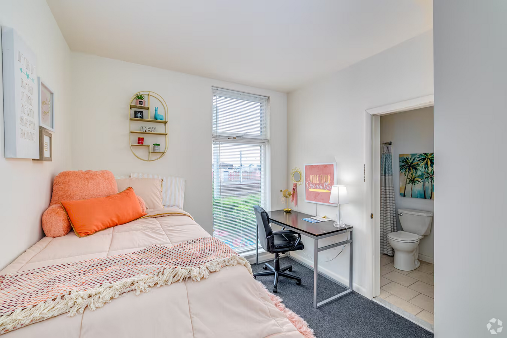 Furnished student bedroom with desk and private bathroom at Temple Crossing