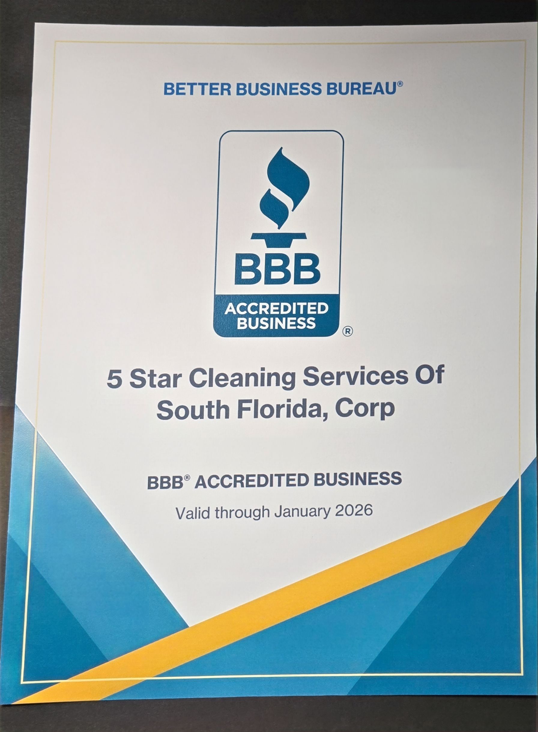 A Better Business Bureau accreditation certificate for 5 Star Cleaning Services of South Florida, valid through January 2025.